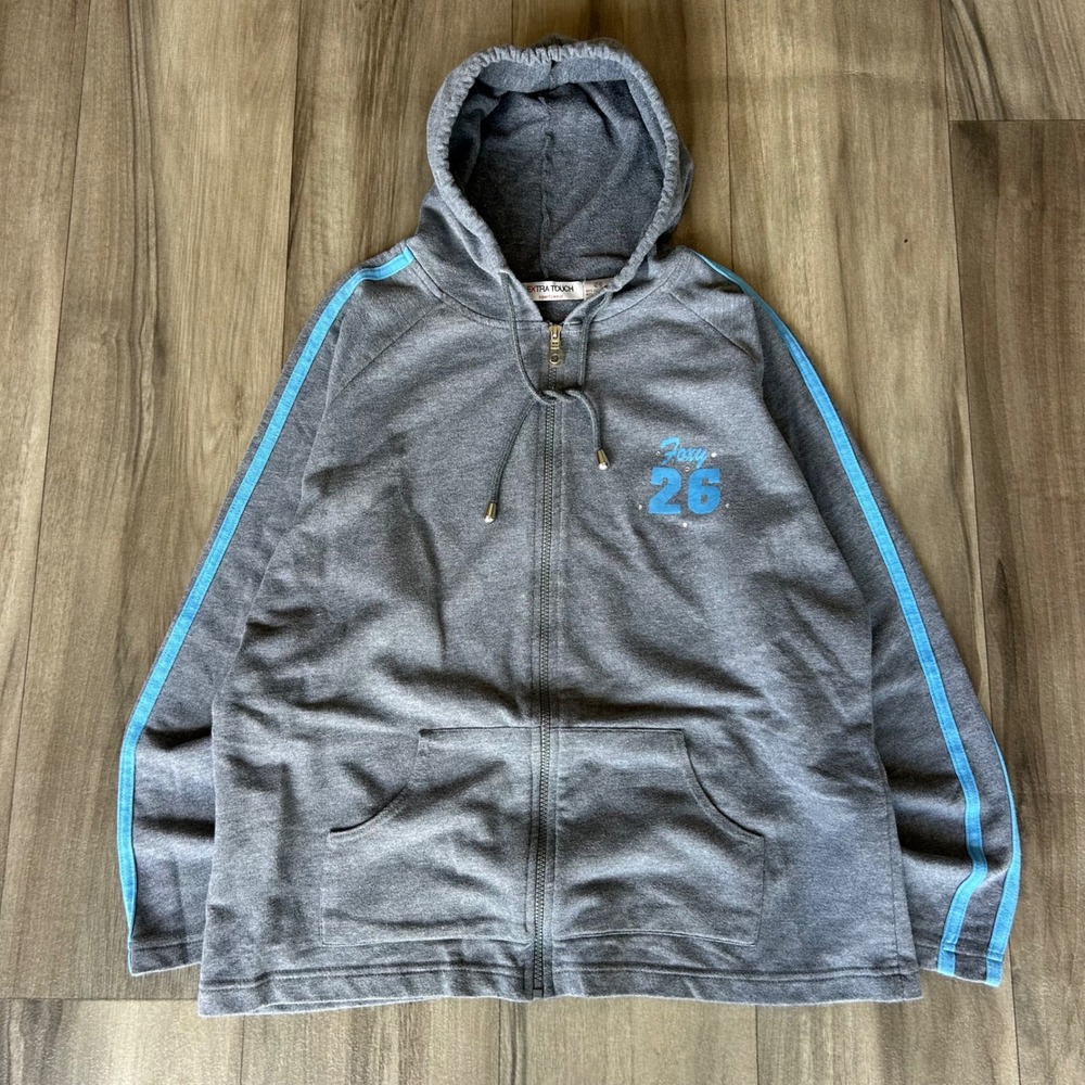 Extra Touch Sportswear Womens 2X Gray Blue Stripe Foxy 26 Zip Hoodie Rhinestone